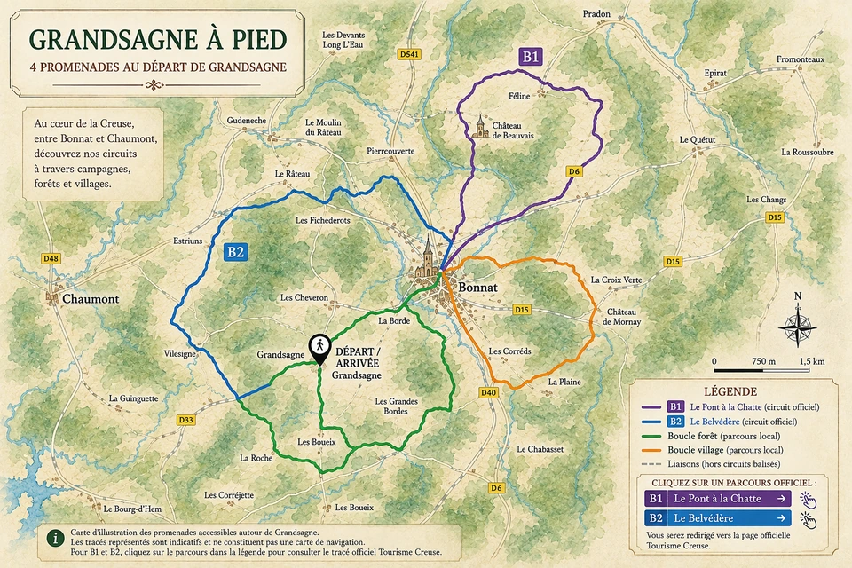 Carte d’illustration des promenades à pied autour de Grandsagne