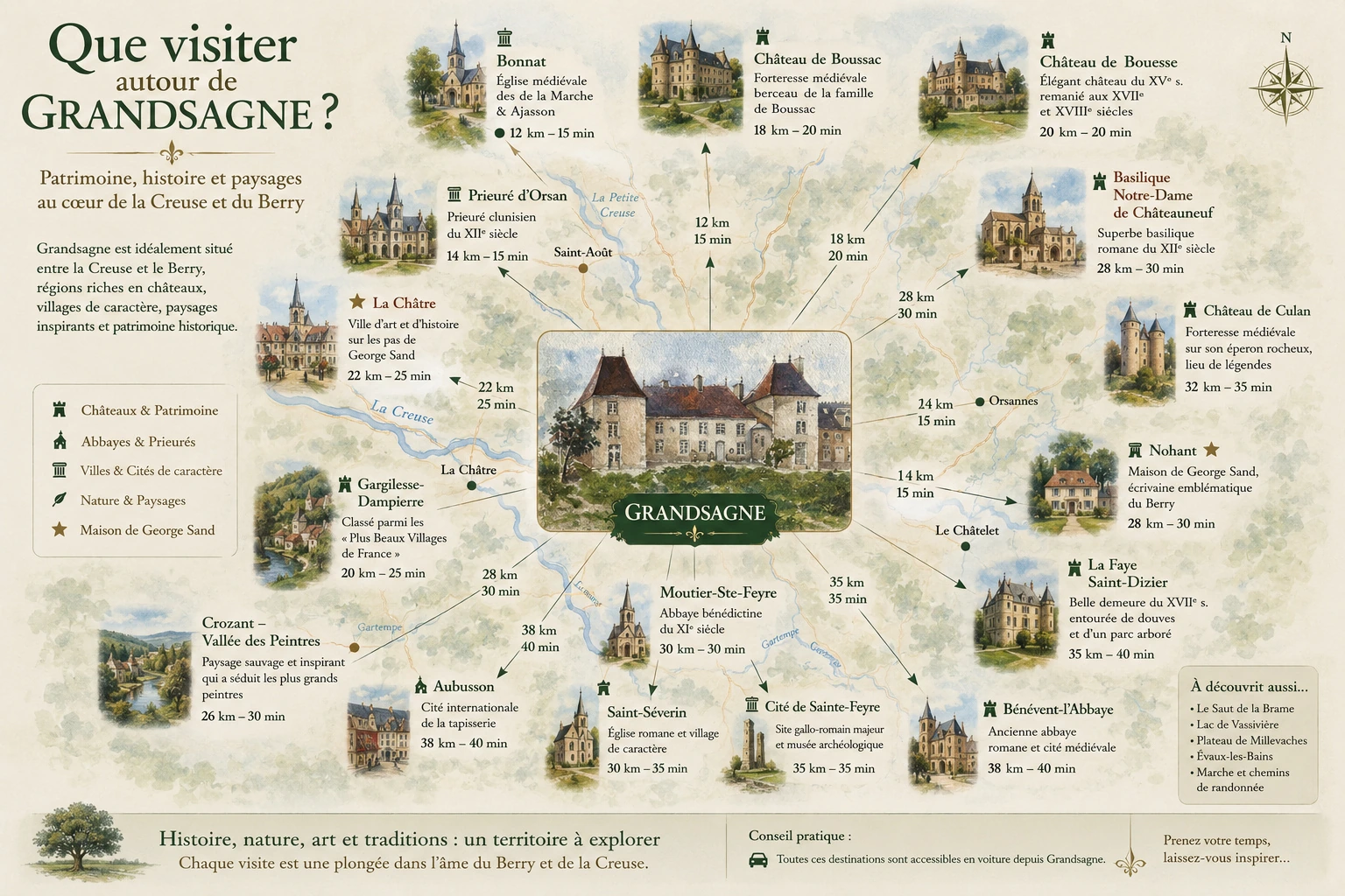 Carte illustrée des visites autour de Grandsagne