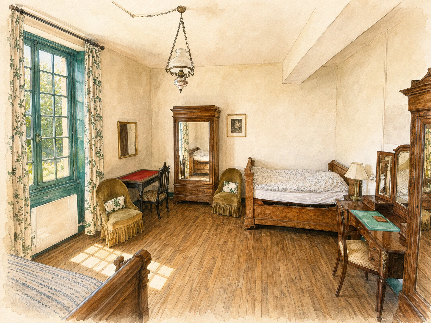 Chambre Agapanthe — gravure aquarellée fidèle