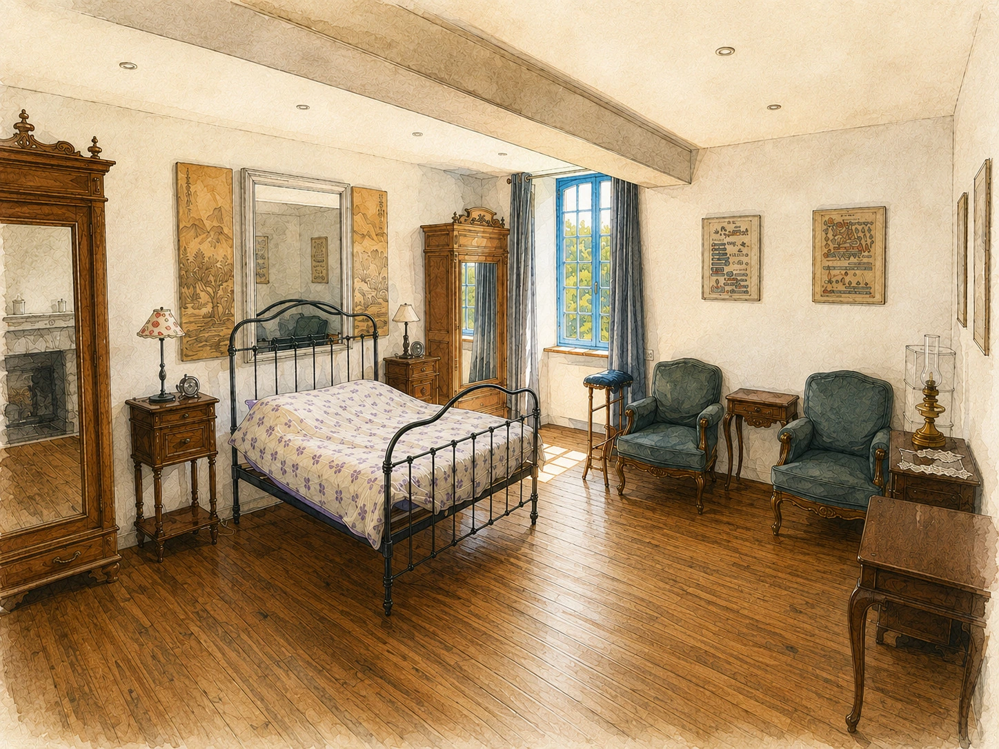 Chambre Myosotis — gravure aquarellée fidèle