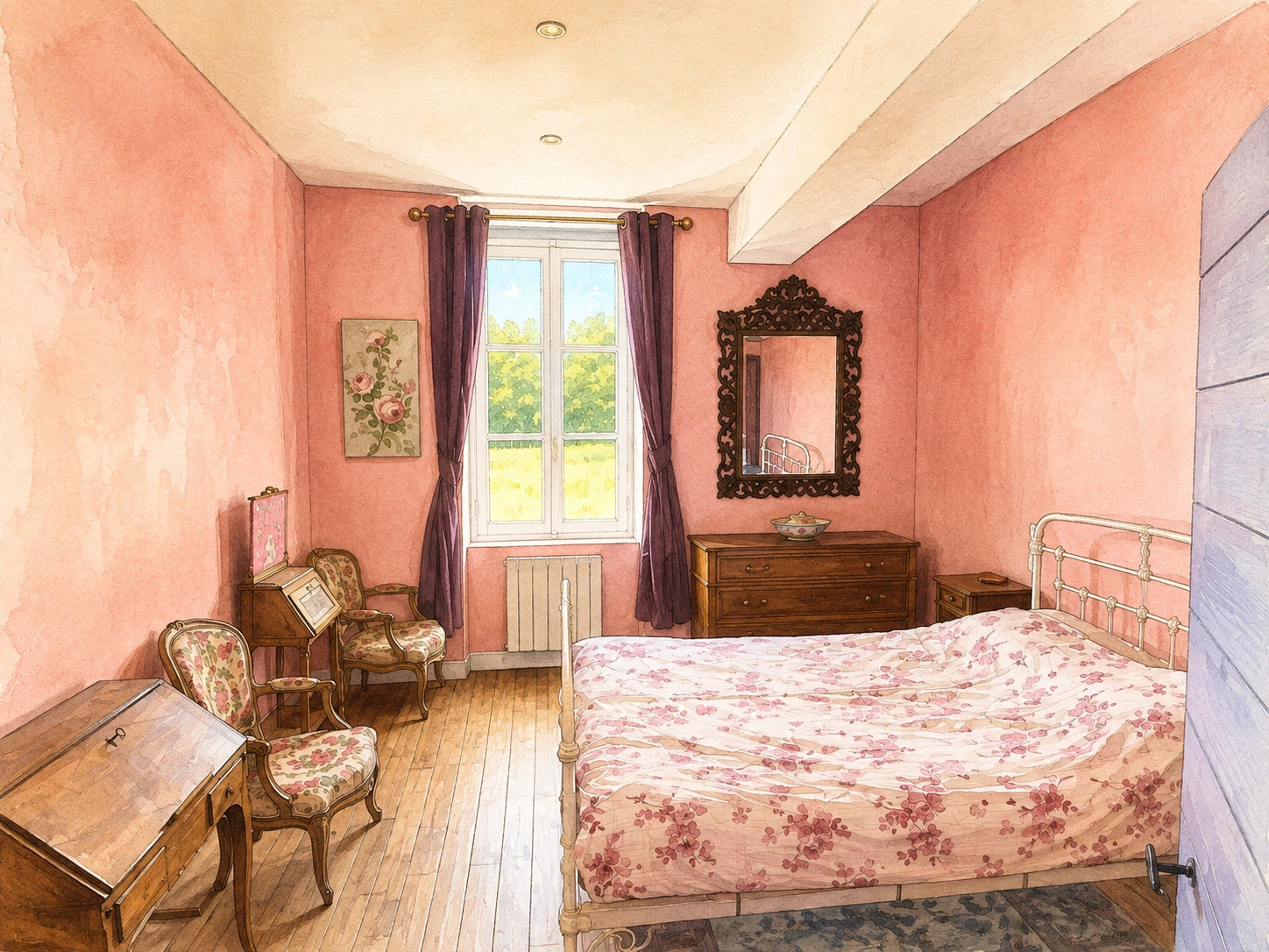Chambre Rose — gravure aquarellée fidèle