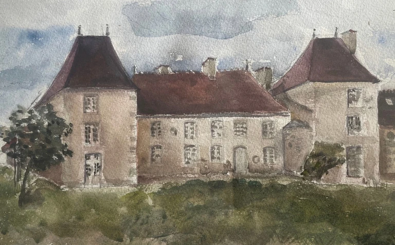Aquarelle authentique du Château de Grandsagne côté jardin