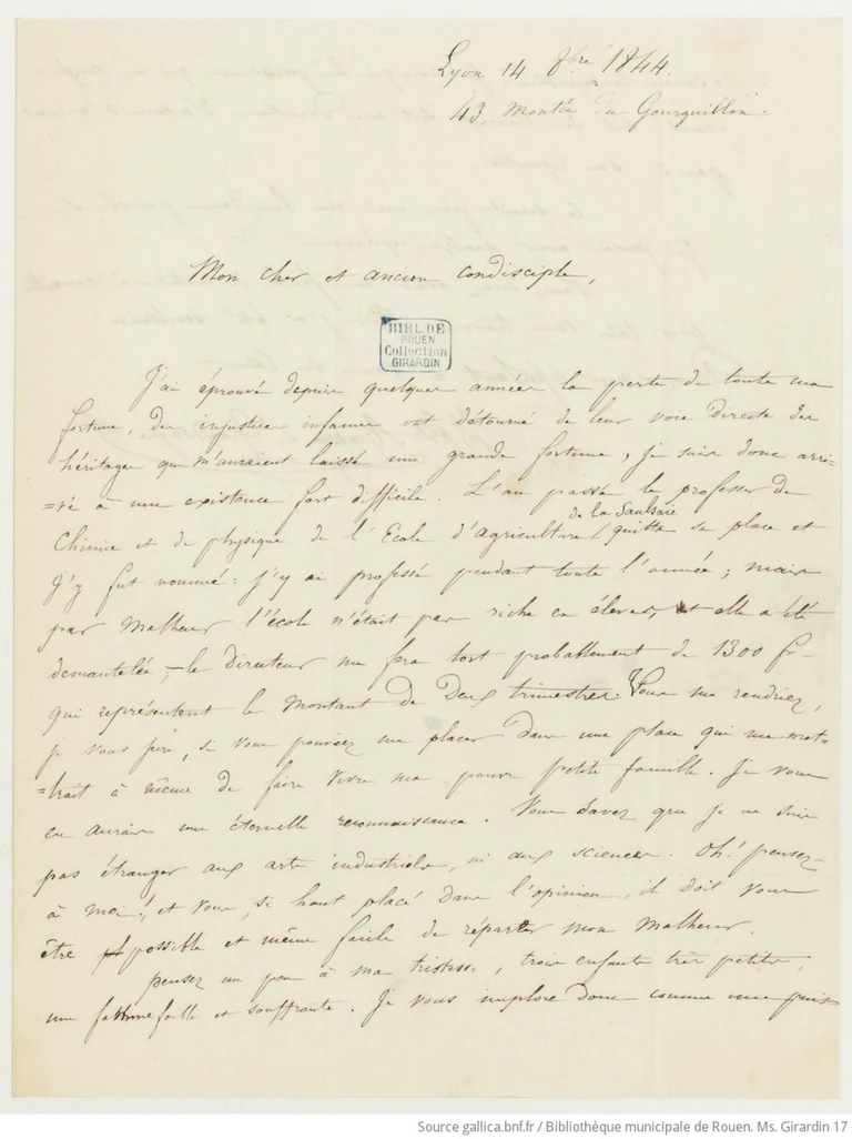 Lettre autographe de Stéphane Ajasson de Grandsagne, Lyon, 14 octobre 1844