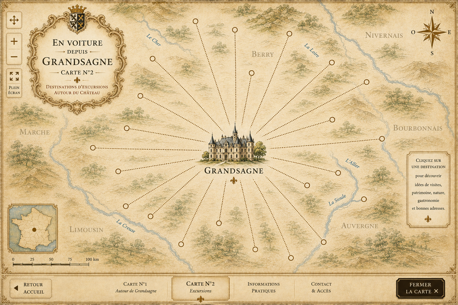Carte illustrée des excursions depuis Grandsagne